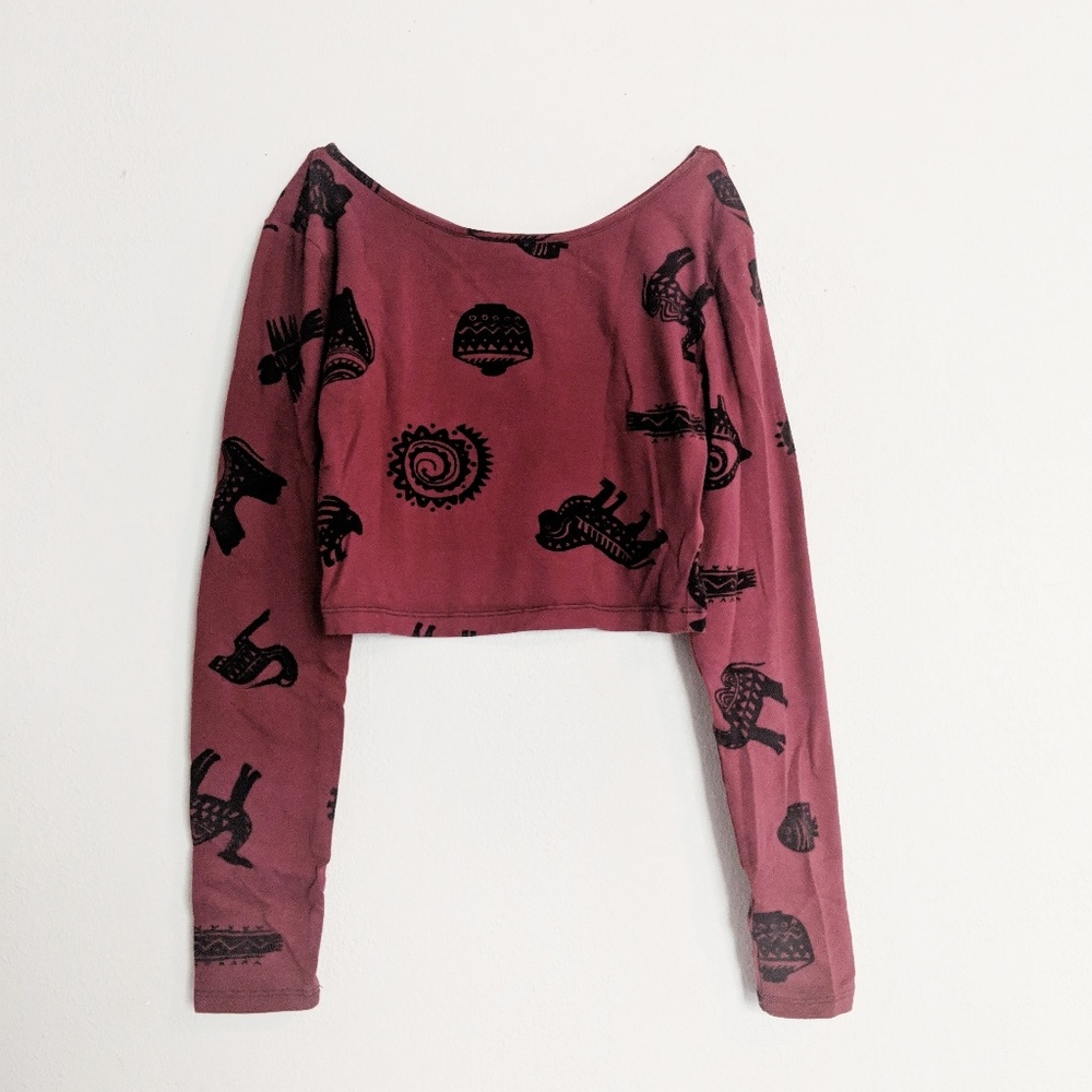 Red Long Sleeve Crop Top w Ancient Symbols Pattern